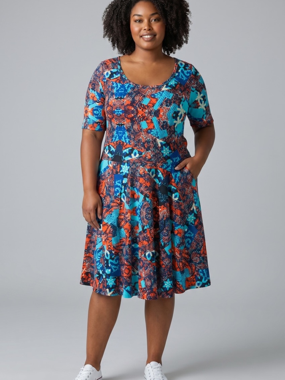 LuLaRoe Blue and Orange Abstract Floral Skater Dress